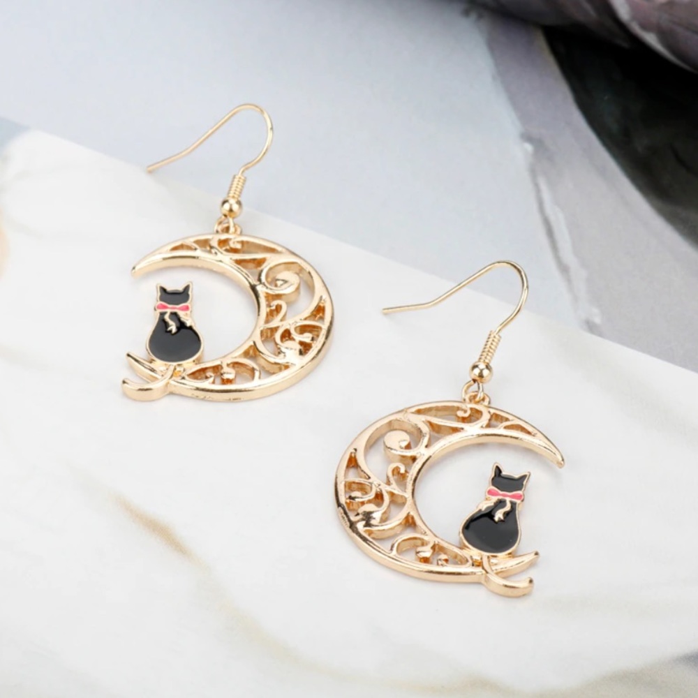 Black Cat on Moon Crescent Earrings Gold